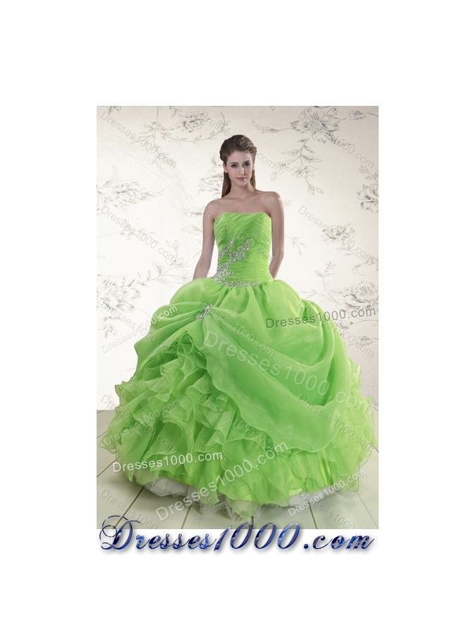 Fashionable 2015 Pick Ups and Beading Quince Gowns in Spring Green