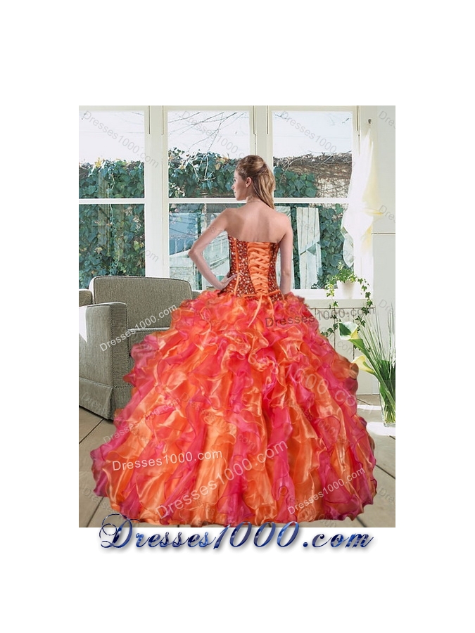 Multi Color Strapless Quince Dress with Beading and Ruffles