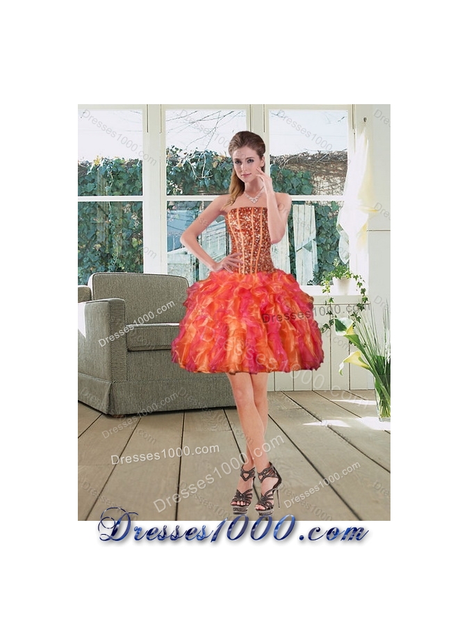 Multi Color Strapless Quinceanera Dress with Beading and Ruffles