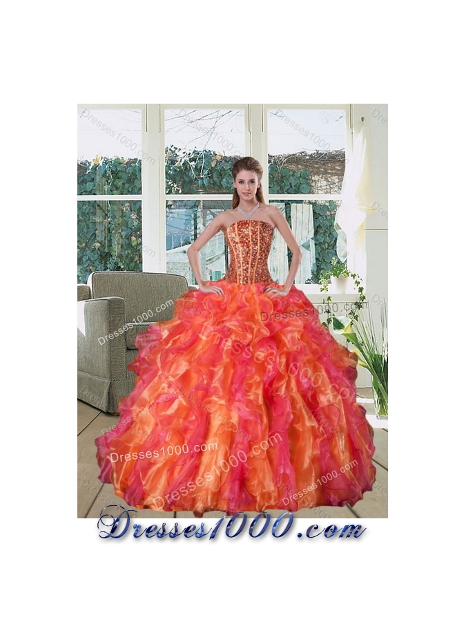 Multi Color Strapless Quinceanera Dress with Beading and Ruffles