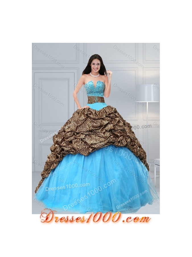 2015 Unique Leopard Print Multi Color Quinceanera Dresses with Brush Train and Beading