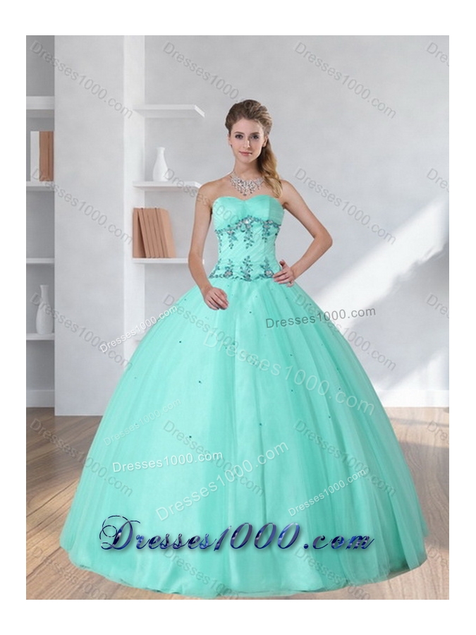 New Style Pretty Apple Green Sweetheart 2015 Quinceanera Dress with Appliques and Beading