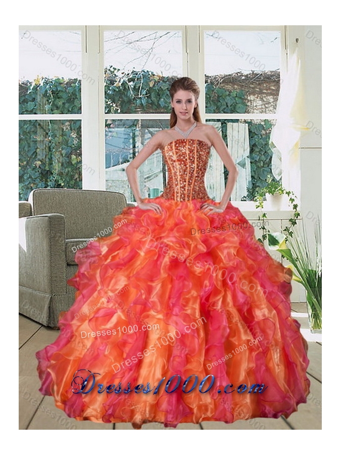New Style Strapless Multi Color Dress for Quinceanera with Beading and Ruffles