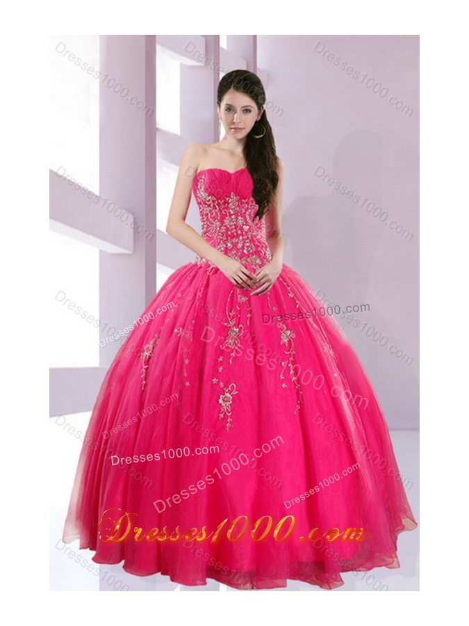 2015 New Style Elegant Strapless Hot Pink Dresses for Quince with Appliques