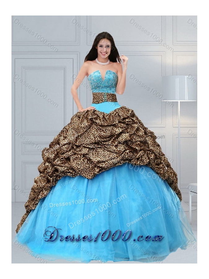 2015 New Style Leopard Printed Baby Blue Brush Train Beading Quinceanera Dress