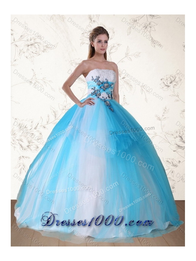 2015 New Style Strapless Multi Color Quinceanera Dress with Appliques and Beading