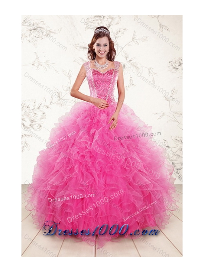New Style Decent Hot Pink 2015 Quinceanera Gown with Beading and Ruffles