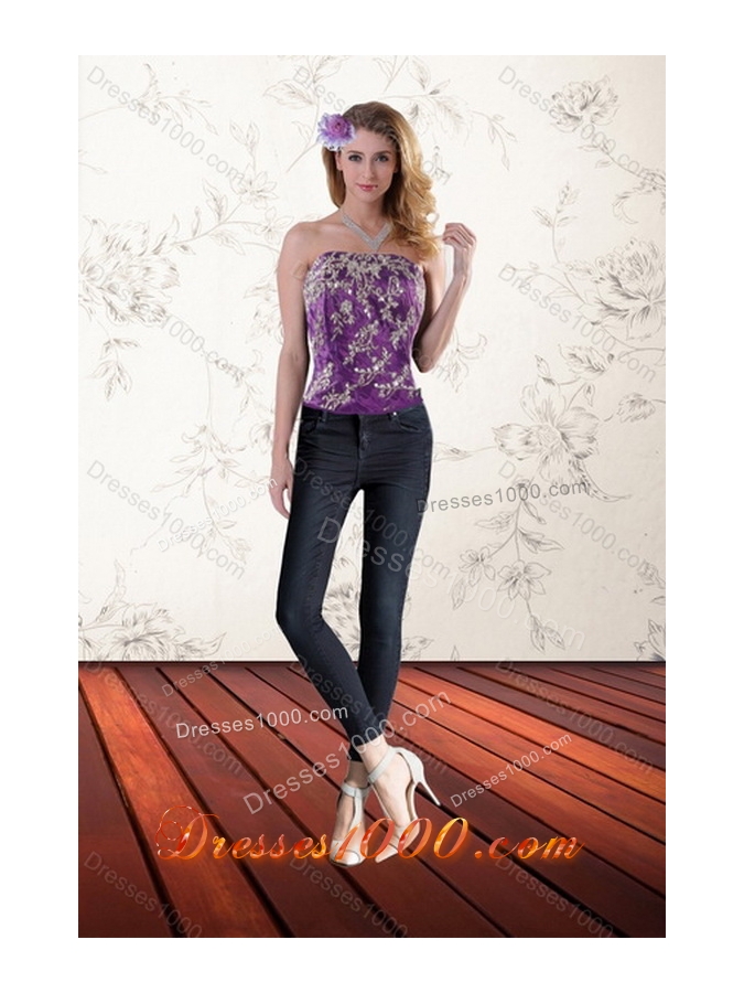 New Style Fantastic Purple Strapless Quince Dresses with Appliques and Ruffles for 2015