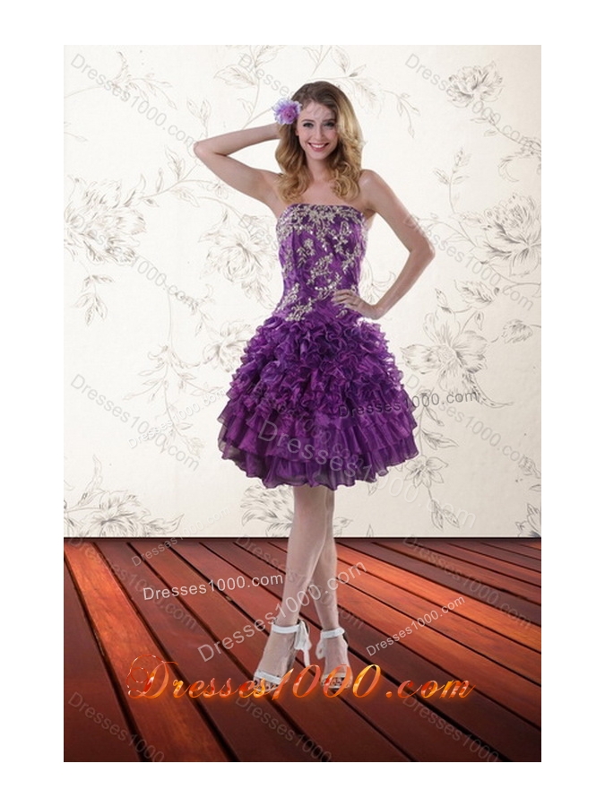 New Style Fantastic Purple Strapless Quince Dresses with Appliques and Ruffles for 2015