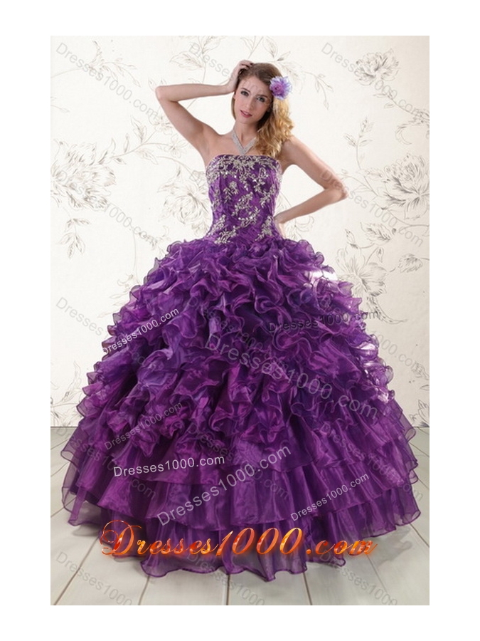 New Style Fantastic Purple Strapless Quince Dresses with Appliques and Ruffles for 2015