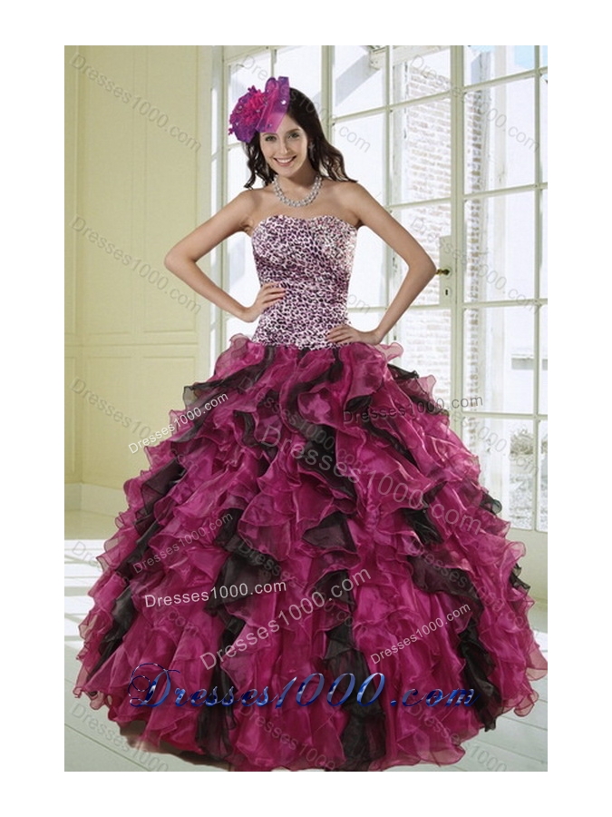 New Style Luxurious Multi Color Strapless Dress for Quince with Leopard Print