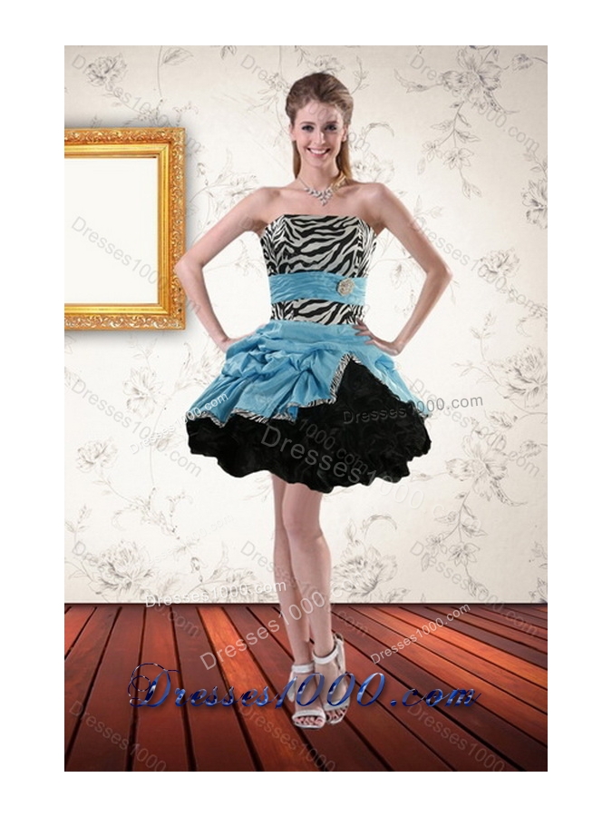 New Style Zebra Print Multi Color Strapless Quince Dresses with Ruffles and Pick Ups