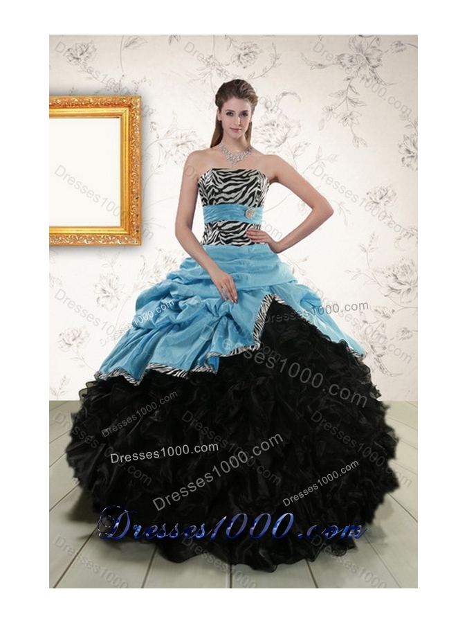 New Style Zebra Print Multi Color Strapless Quince Dresses with Ruffles and Pick Ups