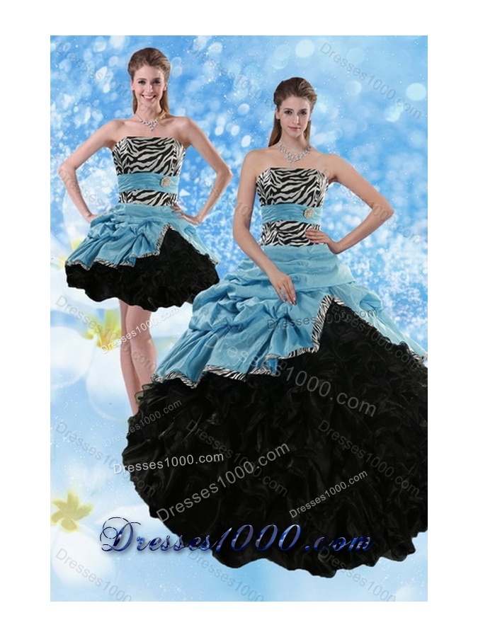 New Style Zebra Print Multi Color Strapless Quince Dresses with Ruffles and Pick Ups
