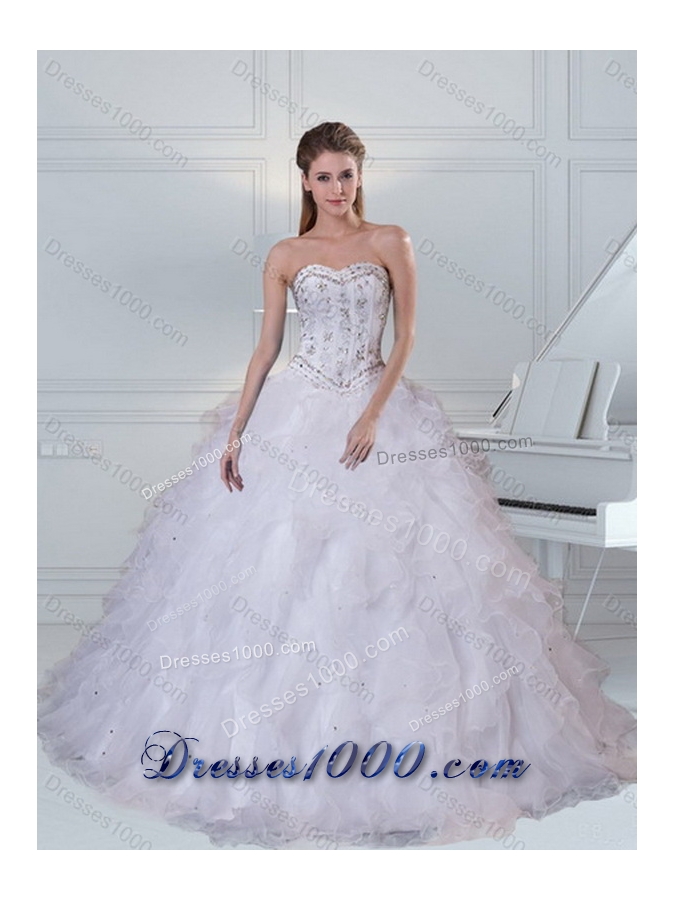 2015 Sweetheart White Sweet Sixteen Dress with Ruffles and Beading