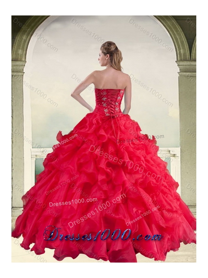 Elegant Red Strapless Quinceanera Dress with Ruffles and Beading