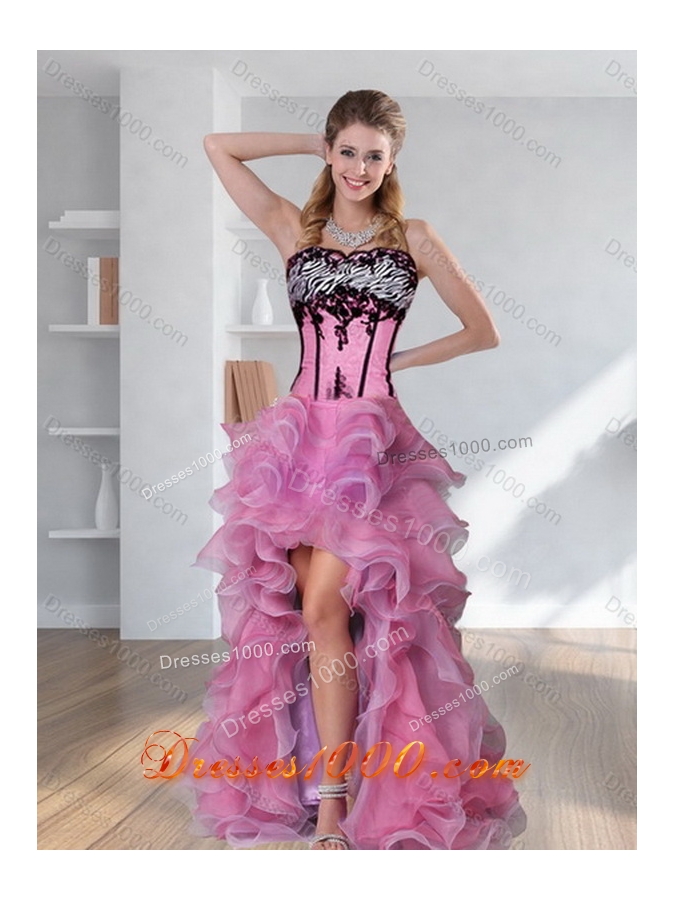High Low Zebra Printed Sweet Sixteen Dress with Pick Ups and Appliques