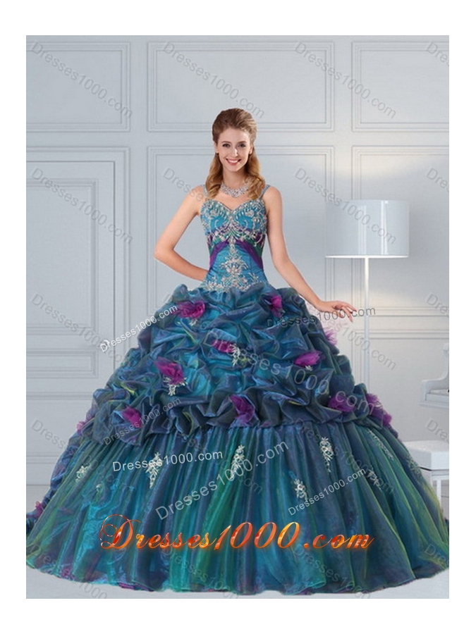 Multi Color 2015 Sweet Sixteen Dresses with Hand Made Flower and Pick Ups