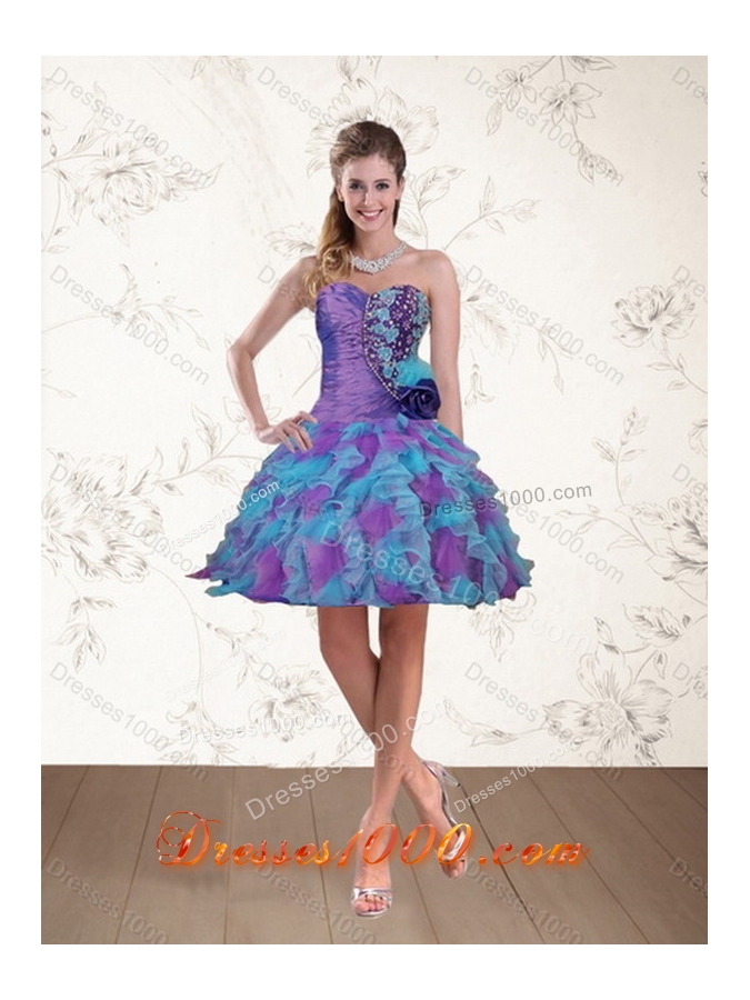 Multi Color Strapless Sweet Sixteen Dress with Beading and Ruffles