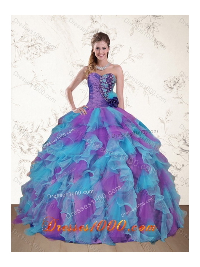 Multi Color Strapless Sweet Sixteen Dress with Beading and Ruffles