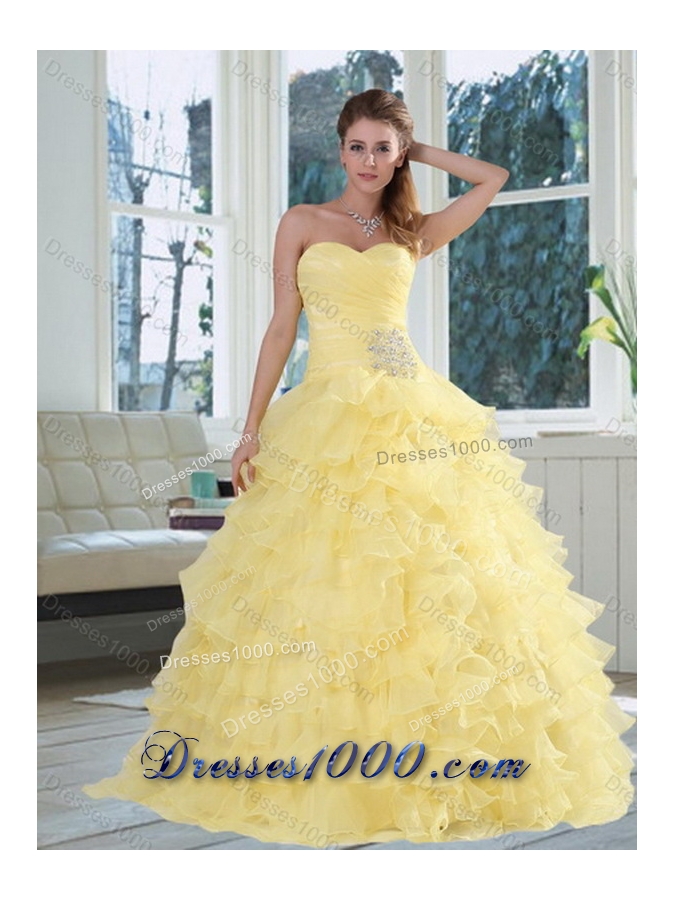 Yellow Beaded and Ruffled Sweetheart Sweet Sixteen Dress for 2015