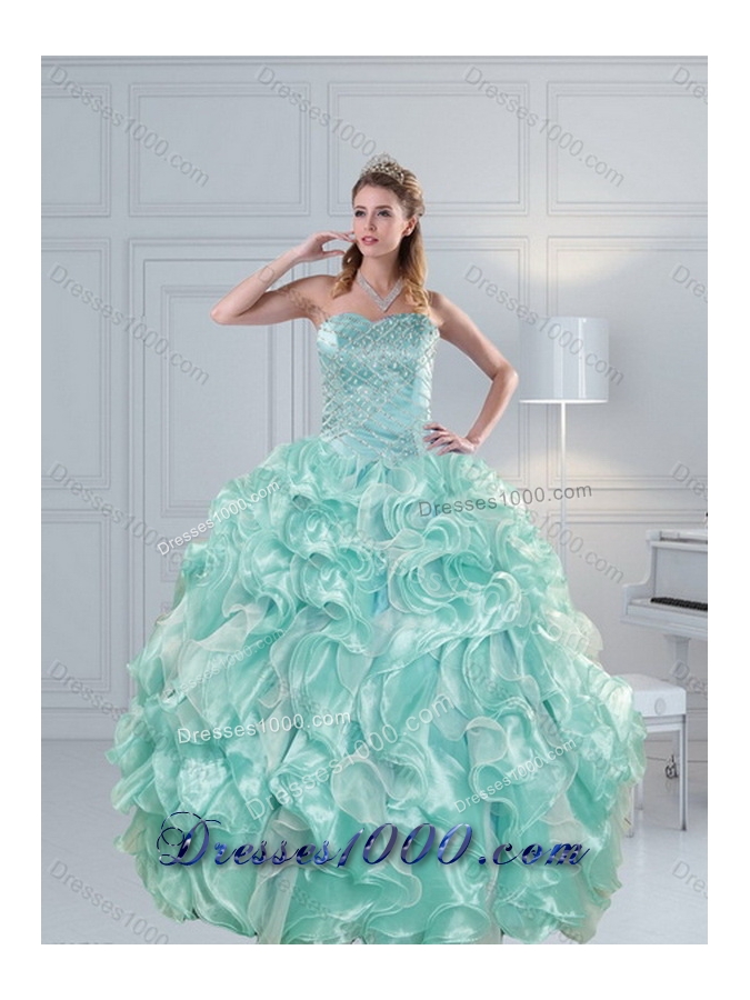 2015 Fashionable Beading and Ruffles Aqual Blue Sweet Sixteen Dresses
