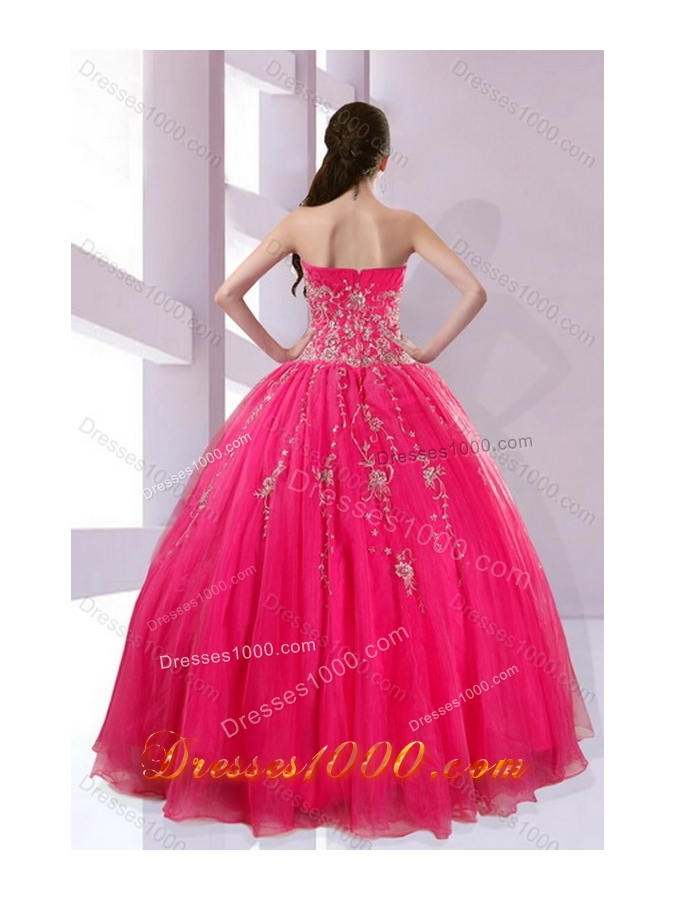 2015 Fshionable Strapless Hot Pink Sweet Sixteen Dresses with Appliques