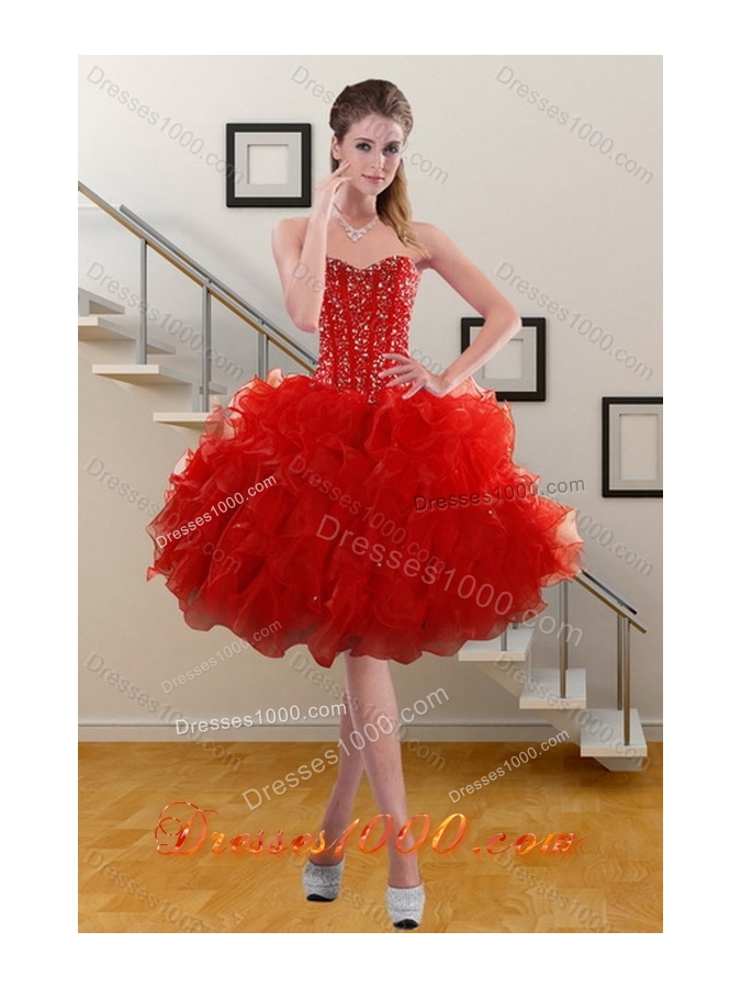 2015 Unique and Detachable Red Sweet 15 Dresses with Beading and Ruffles