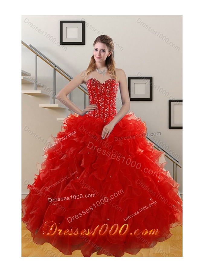 2015 Unique and Detachable Red Sweet 15 Dresses with Beading and Ruffles