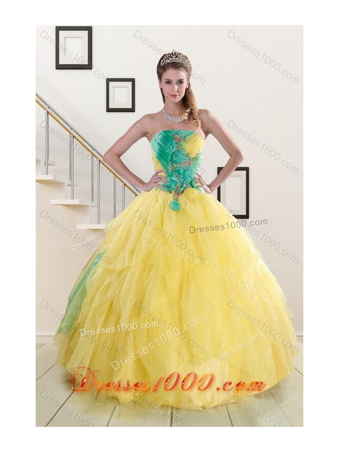 2015 Unique and Detachable Yellow and Green Quince Dresses with Ruching