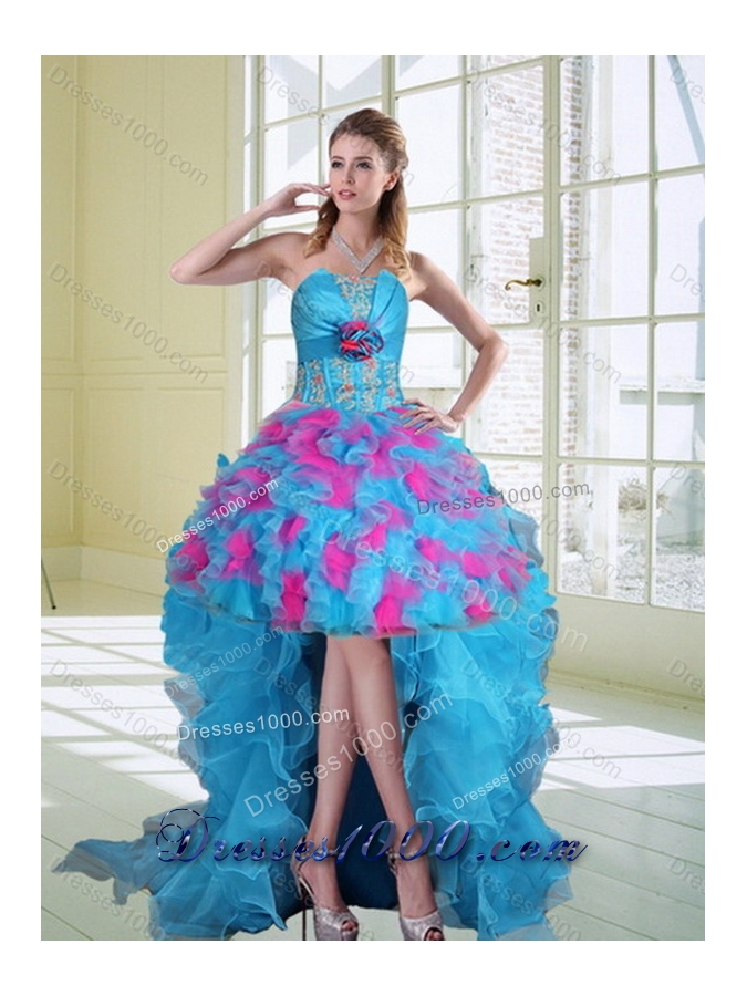 Beautiful Strapless Appliques and Ruffles Multi Color Quinceanera Dress