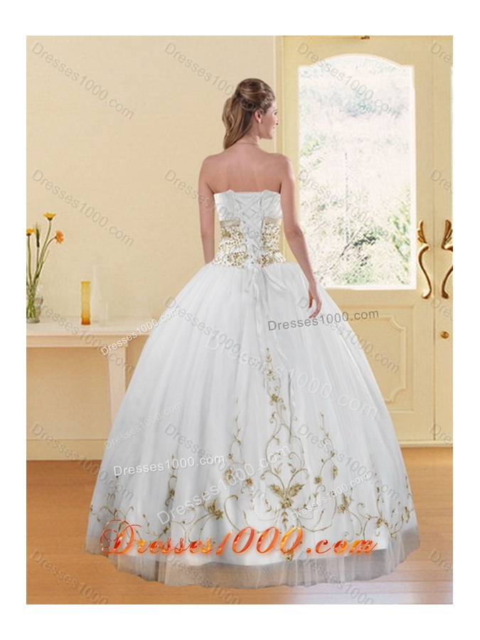 Inexpensive Embroidery White and Gold Sweet Sixteen Dress for 2015