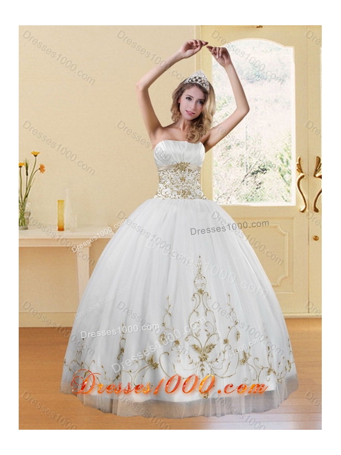 Inexpensive Embroidery White and Gold Sweet Sixteen Dress for 2015
