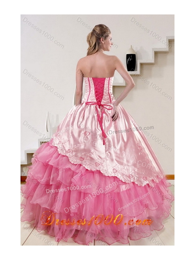 Pink Strapless 2015 Sweet Sixteen Dresses with Embroidery and Ruffles