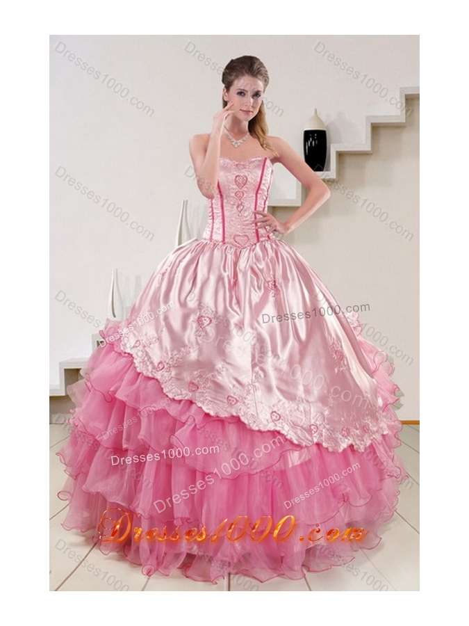 Pink Strapless 2015 Sweet Sixteen Dresses with Embroidery and Ruffles