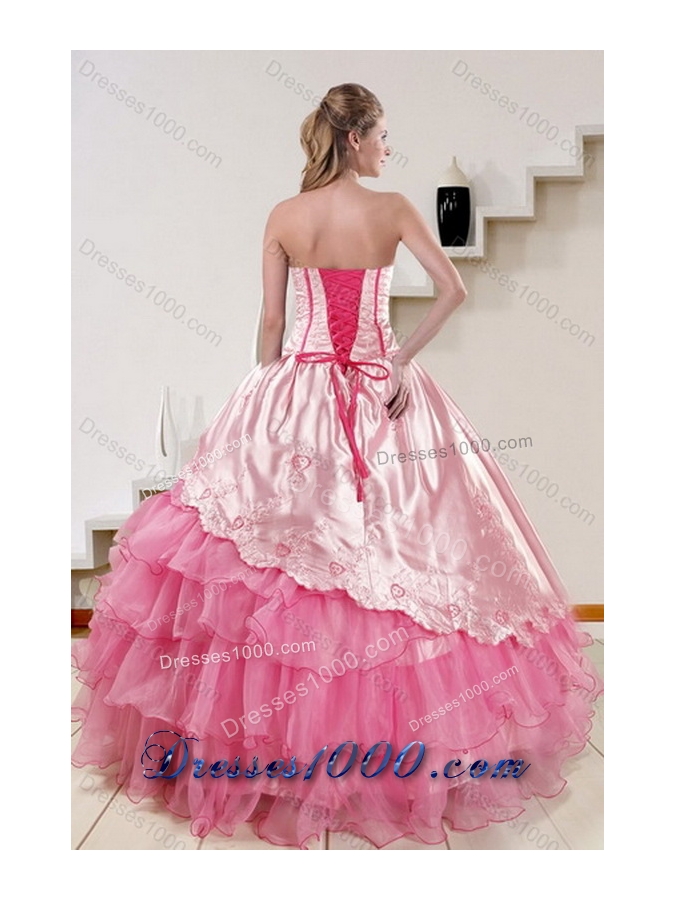 Unique and Detachable Strapless Pink 2015 Cute Quinceanera Dresses with Embroidery and Ruffles