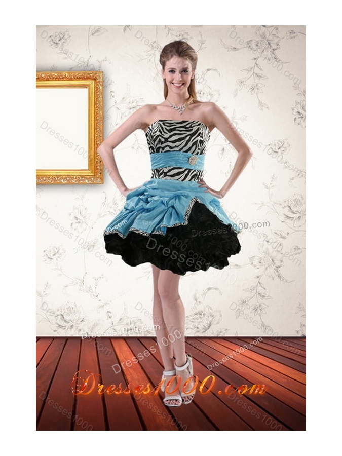 Unique and Detachable Zebra Print Strapless Multi Color Quinceanera Dresses with Ruffles and Pick Ups