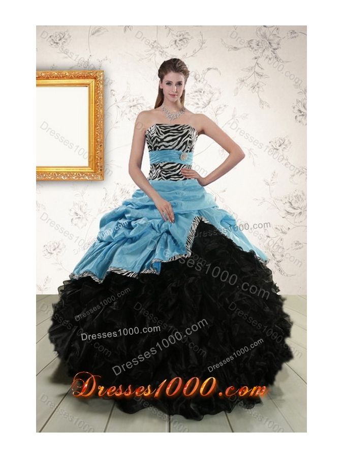 Unique and Detachable Zebra Print Strapless Multi Color Quinceanera Dresses with Ruffles and Pick Ups