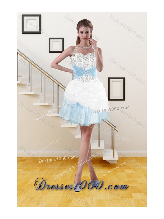 2015 Multi Color Halter Top Quince Dresses with Pick Ups and Beading