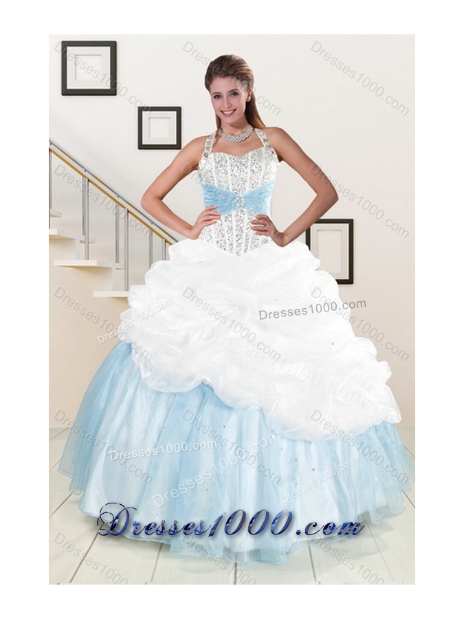 2015 Multi Color Halter Top Quince Dresses with Pick Ups and Beading