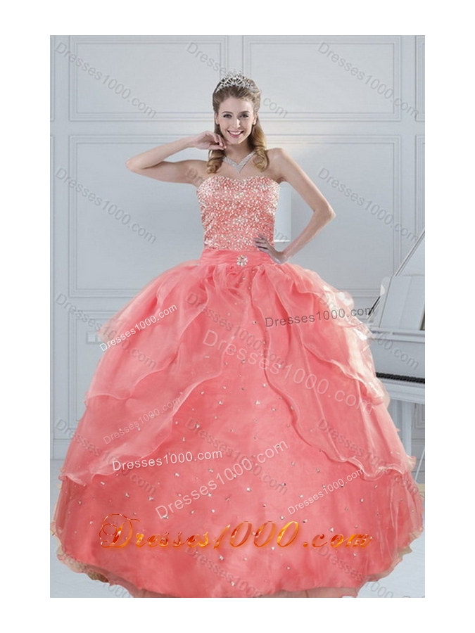 2015 New Style Beading Quinceanera Dresses in Watermelon