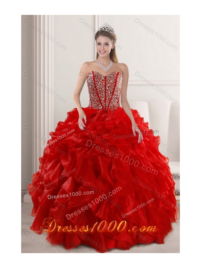 2015 New Style Red Quince Dresses with Beading and Ruffles