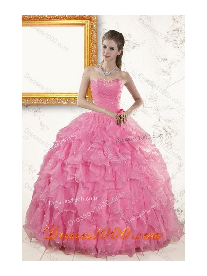 2015 Pretty Baby Pink Quince Dresses with Beading and Ruffles