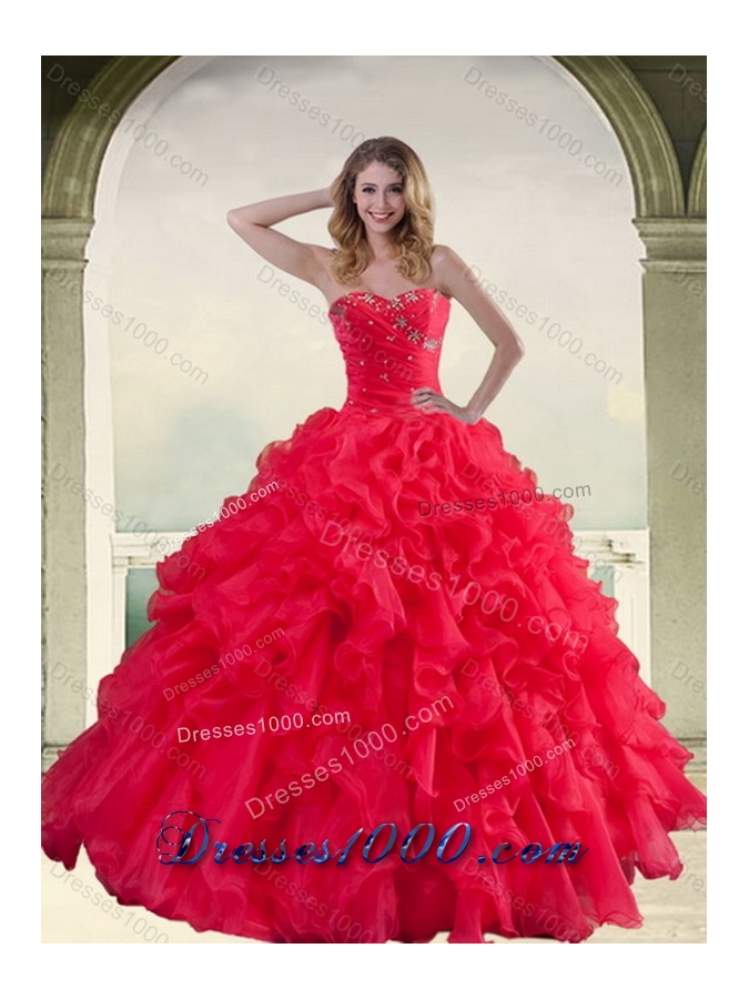 2015 Red Strapless Quinceanera Dress with Ruffles and Beading