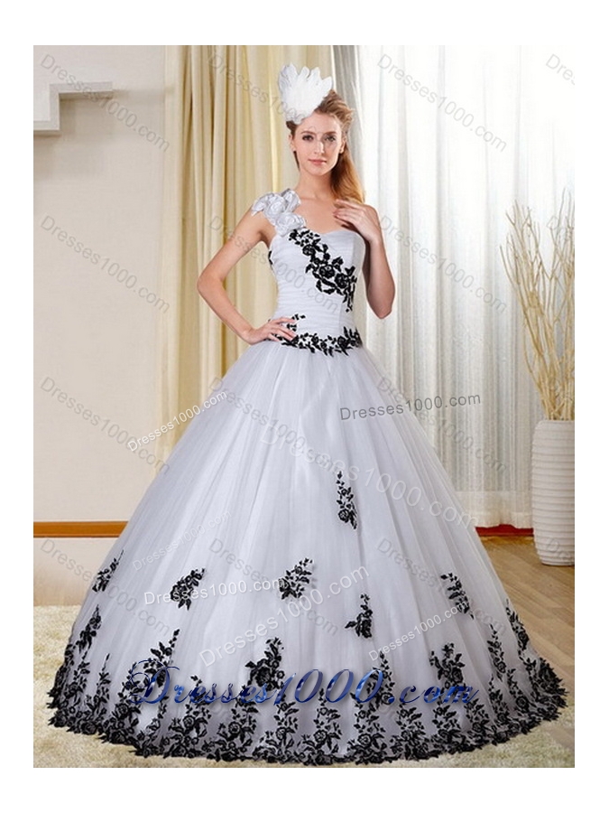 2015 Unique and Detachable One Shoulder Sweetheart White and Black Quinceanera Dress with Appliques