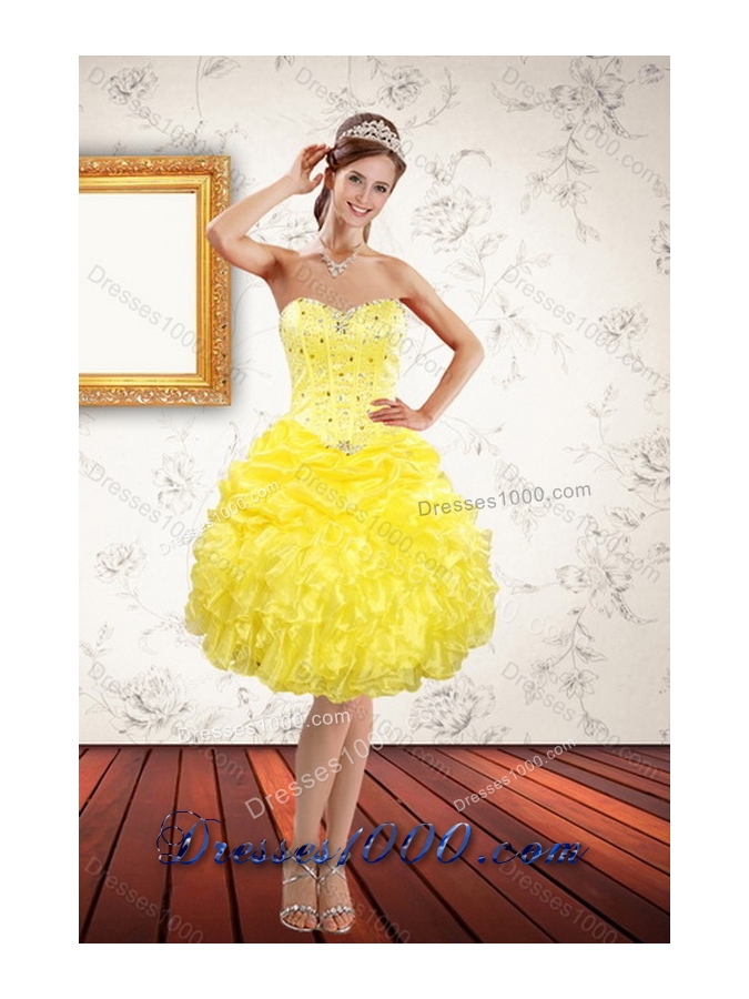 2015 Unique and Detachable Sweetheart Yellow Sweet 15 Dresses with Beading and Ruffles