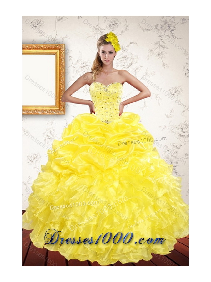 2015 Unique and Detachable Sweetheart Yellow Sweet 15 Dresses with Beading and Ruffles