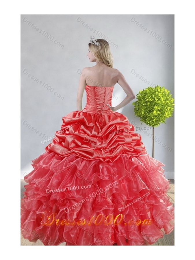 2015 Unique and Detachable Top Seller Watermelon Red Quince Dresses with Appliques and Ruffles