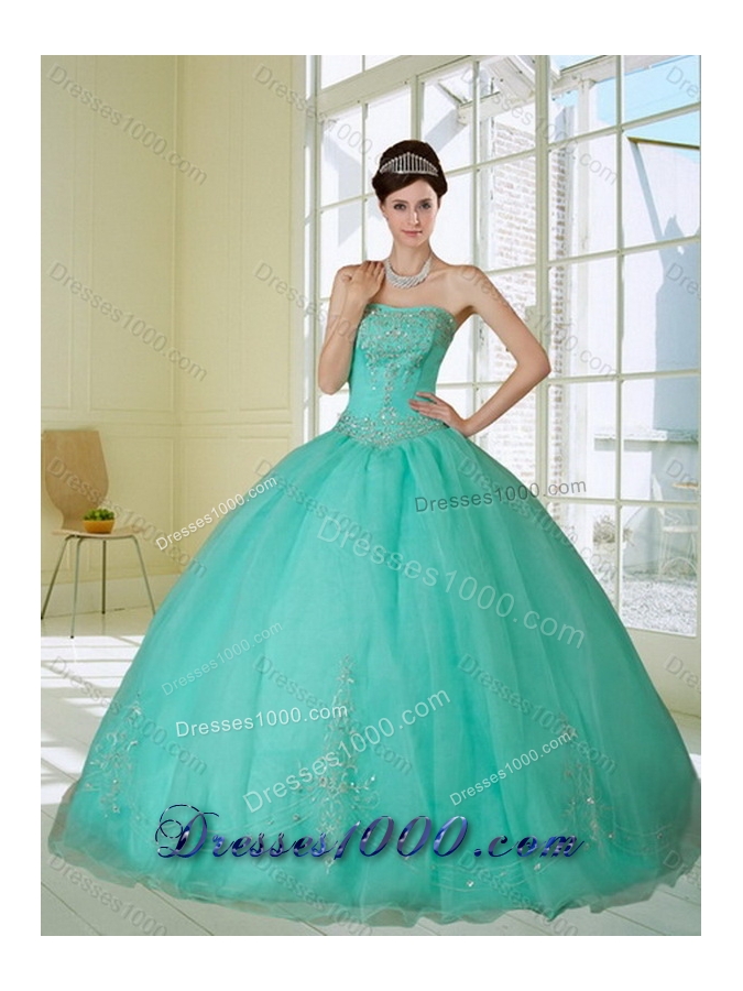 Appliques and Beading Strapless Sweet 15 Dress in Apple Green
