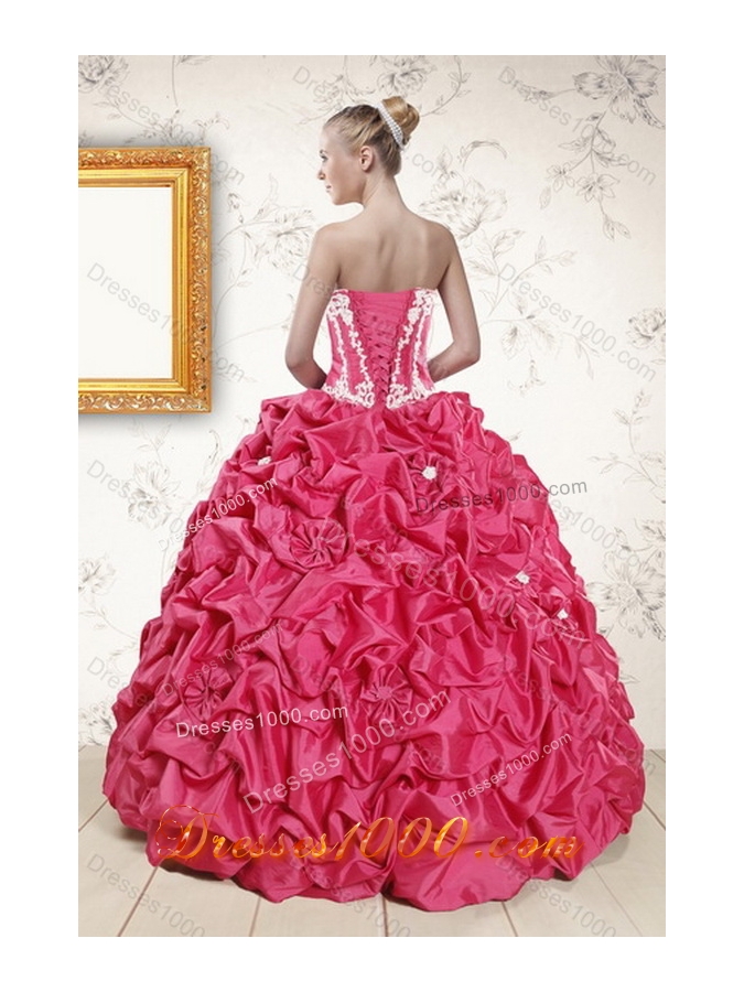 Inexpensive Hot Pink Dresses for Quince with Pick Ups and Appliques